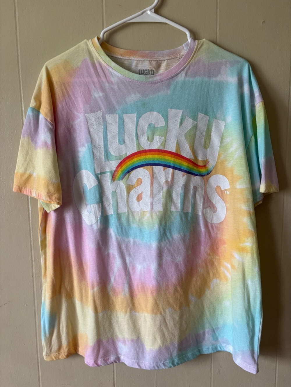 Lucky Charms Pastel Tie-Dye Tee with Rainbow Logo-over sized small